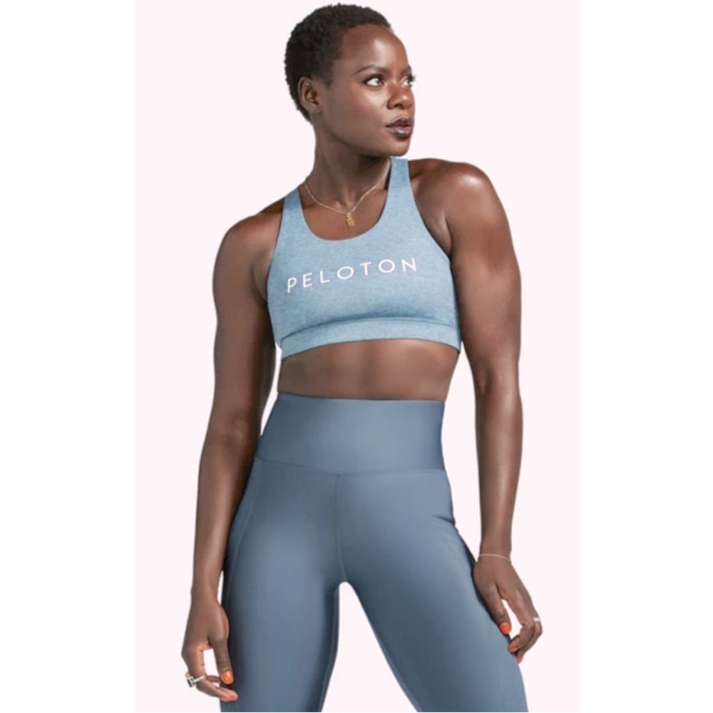NWT Peloton Size Small Spellout Heathered Strappy Sports Bra in Teal